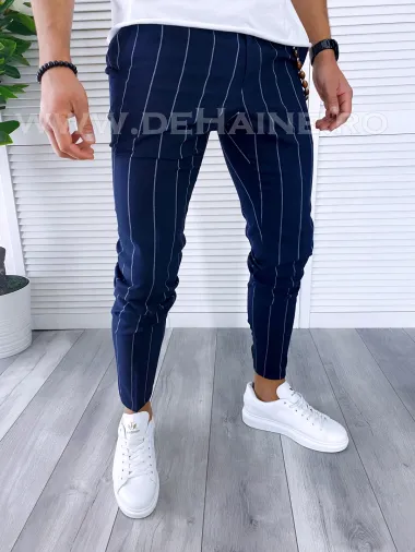 Pantaloni barbati casual regular fit bleumarin in dungi B5777 99-2